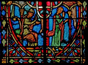 Vindu w2 som viser en scene fra Theophilus-historien (moderne) av French School