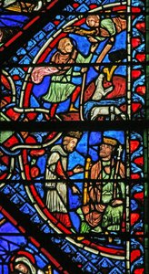 Vindu w2 som viser magiene med Herodes; Bebudelse til hyrdene av French School