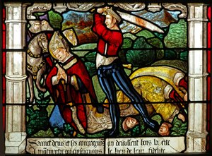 Fenster w31, das die Enthauptung des Hl. Denis darstellt (Buntglas)