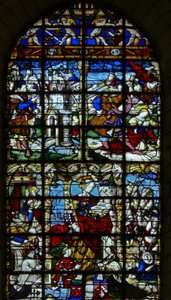 Vindu w37 som viser scener fra St Barbaras liv av French School