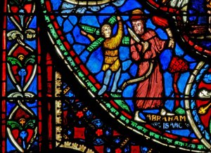 Vindu w3 som viser Abraham i ferd med å ofre Isak av French School