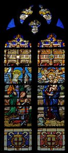 Vindu w3 som viser St Barbara og giveren Jean de Montmorencyn av French School