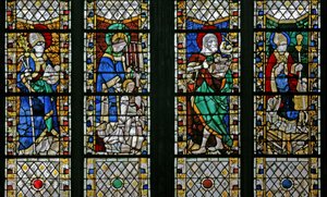 Vindu w47 som viser St Eloi, St Laurence, St John the Baptist og St Nicholas av French School