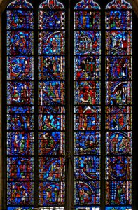 Vindu w53 som viser scener fra livet til St. Katarina, St. Nicholas, St. John Baptist, St. Stephen av French School