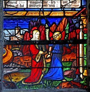 Vindu w5 som viser Maria Magdalena; hun går i eksil og blir ledet av en engel av French School