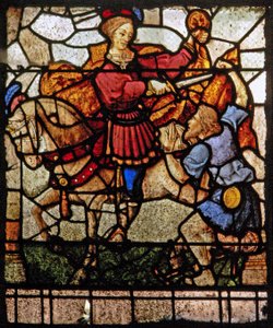 Vindu w5 som viser Charity of St Martin: han deler kappen sin av French School