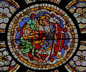Vindu w7 som viser en oppstandelsesscene: Noli Me Tangere av French School