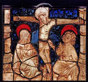 Vindu w7 som viser korsfestelsen, fra Church of Betton, Bretagne av French School