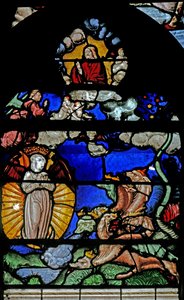 Vindu w9 som viser en scene fra St Johns Book of the Revelation av French School