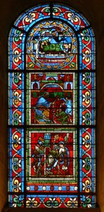 Vindu wXVIII som viser 3 paneler tilskrevet Ascension Master: en sovende konge; Pilatus vasker hendene; Peter blir ført ut av fengselet av en engel av French School