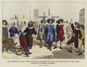 Vinselgere som passerer gatene bak lederen deres, bærer sølvbegeret, regjeringen til Ludvig XIII, 1600-tallet av French School