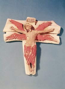 Bevinget Kristus på korset (polykrom stein) av French School