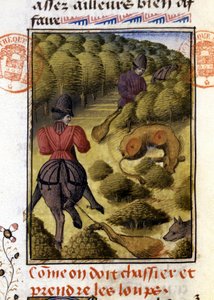 Wolf Hunt- i "" Hunting Book of Gaston Phoebus, Count of Foix, Lord of Béarn"" av French School