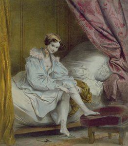 Kvinne som tar på seg strømper, ca. 1830