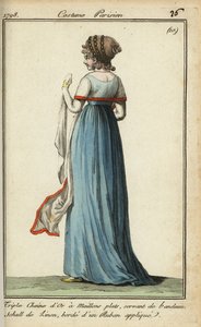 Kvinne med gjennomsiktig sjal i moten fra 1798 (håndfarget kobberstikk) av French School