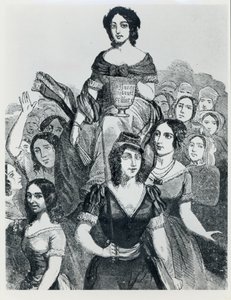 Kvinner som bærer Jeanne Deroin (1805-94) i Triumph, fra Les Femmes Celebres, bind I, Paris, Mazenod, 1848 av French School
