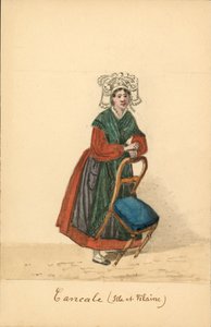 Damekostyme av Cancale, Ille-et-Vilaine (farge litho) av French School