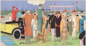 Damemote på løpene av designerne Jeanne Lanvin, Jean Patou, Premet, Georges Doeuillet (fargelitografi) av French School