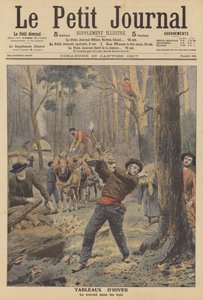 Vedhoggere på jobb om vinteren (farge litho) av French School