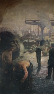 Arbeidere som losser kull fra en lekter, tidlig på det tjuende århundre av French School