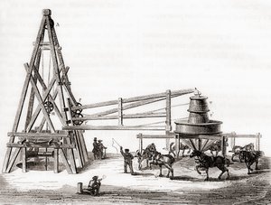 Arbeidere som brukte karusellen og vinsjen for å bore de artesiske brønnene ved Grenelle, Frankrike på 1800-tallet, fra 