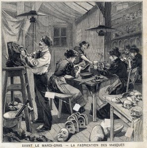 Workshop for å produsere masker for forkledningene til Mardi Gras-festivalen (Mardi-Gras). I "" Le Petit Parisien"" den 14/02/1897 av French School