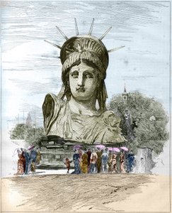 Verdensutstilling 1878 i Paris: lederen av Frihetsgudinnen av Frederic Auguste Bartholdi (1834-1904). Gravering av Edgard Morin i ""The Illustrous World"" nr. 1111 av 13. juli 1878. av French School