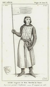 XIII Century, Reign of Louis IX, Henri, Lord of Metz, Marshal of France, representert iført Oriflamme, Han døde i 1265 (gravering) av French School