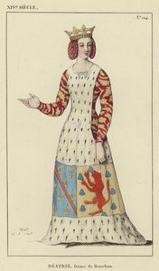 XIV Century, Beatrix, Lady of Bourbon (farget gravering) av French School