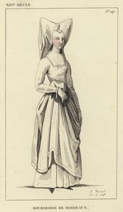 XIV Century, Bourgeoise of Bordeaux (farget gravering) av French School