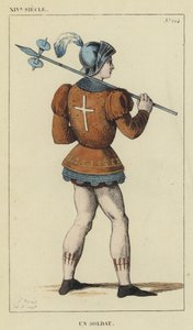 XIV Century, A Soldier (farget gravering) av French School