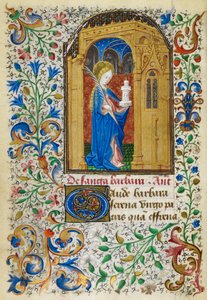 Yates Thompson 3, fol.289v Miniatyr av St. Barbara under en gyllen bue, som bærer en palme og tårnet hennes, med en full bladkant, ved begynnelsen av hennes stemmerett, fra 