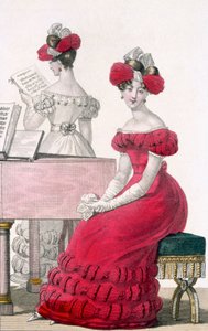 Ung kvinne i en crepe-aftenkjole med en forseggjort hodeplagg, annonse i Modes de Paris, ca. 1825 av French School