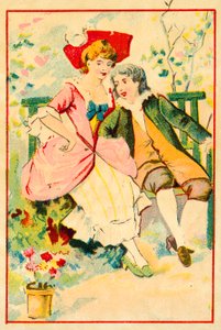 Ungt par på en benk i en hage (chromolitho) av French School