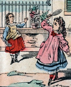 Unge jenter som spiller battledore og fjerbold, tidlig spill som ligner på badmington - Epinalt bilde - 1800-tallet (gravering) av French School
