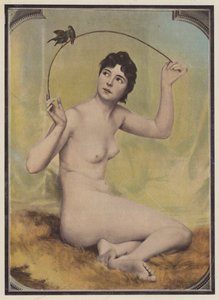 Ung naken kvinne med fugler (farge litho) av French School