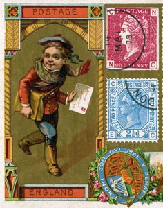 Ung postmann med brevsekken som leverer et brev i viktoriansk England, sent på 1800-tallet av French School