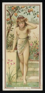Ung kvinne i en hage, gratulasjonskort. (chromolitho) av French School