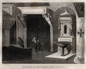 kapell hvor napoleon ble døpt - kapell ou Napoleon a été baptise - Gravering fra "" Italy Picturesque"" - Historisk og beskrivende maleri av Italia" av M. de Norvins, Ch. Nodier 1834-1836. av French School