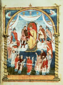 ds Lat 1 fol.423r Kong Charles II mottar en bibel fra grev Vivian og munkene i Saint-Martin de Tours, fra den første bibelen til Karl den skallede, ca. 843-51 av French School