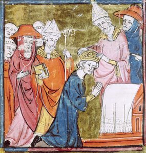 f.106r Kroningen av keiser Karl den Store (742-814) av pave Leo III (ca. 750-816) ved St. Peters, Roma i 800, Grandes Chroniques de France, 1375-79 av French School