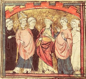 f.73r Dagobert I (605-39), kongen av frankerne som mottar kongeriket Frankrike, fra Grandes Chroniques de France, 1375-79 av French School