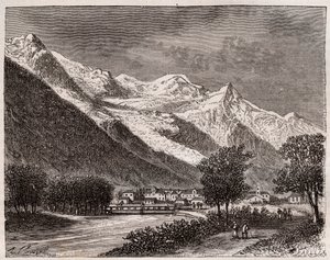 chamonix-dalen og mont Blanc - gravering i "La France illustrée: geografi, historie, statistisk administrasjon" av V.A. Malt-Brown. 1884 av French School