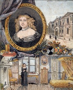 portrett av Marie de Rabutin-Chantal (Rabutin Chantal), Marquise av Sevigne kjent som Madame de Sevigne (1626-1696) og hennes residens Hotel Carnavalet. av French School