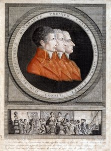 portrett av de tre konsulene, Napoleon Bonaparte (1769-1821), Jean Jacques Regis (Jean-Jacques-Regis) de Cambaceres (1753-1824) og Charles Francois Lebrun (1739-1824)" av French School