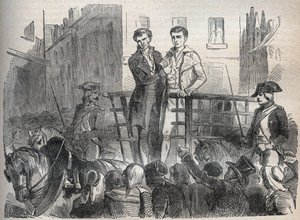 the Lyon mail post affair - Affaire du courrier de Lyon: Joseph Lesurques and Couriol go to the guillotine on 3 October 1796 - Engraving in “Causes celebres de tous les peuples” by Armand Fouquier (1817-18?) 1858-1867 - private collection av French School
