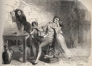 postpostaffæren i Lyon - Case du courrier de Lyon: Joseph Lesurques farvel til familien hans: angivelig involvert i saken om Lyon-posten i 1796 ble han feilaktig anklaget for å ha angrepet Lyon-poststammen og var giljotinert - Gravering i " av French School