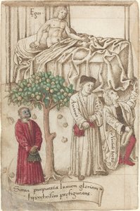 En ape i lilla med en syk mann, en god mann og en gjerrig [fol. 36 verso]