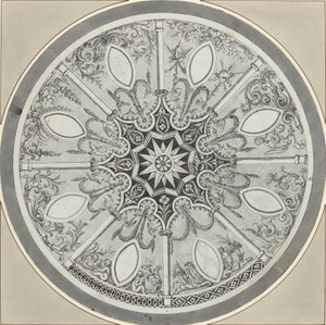 Design for en innlagt sirkulær bordplate, med alternativer av French or Italian 18th Century