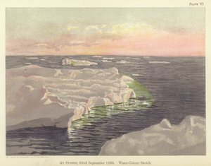 Ved solnedgang, 22. september 1893, akvarellskisse (farge litho) av Fridtjof Nansen